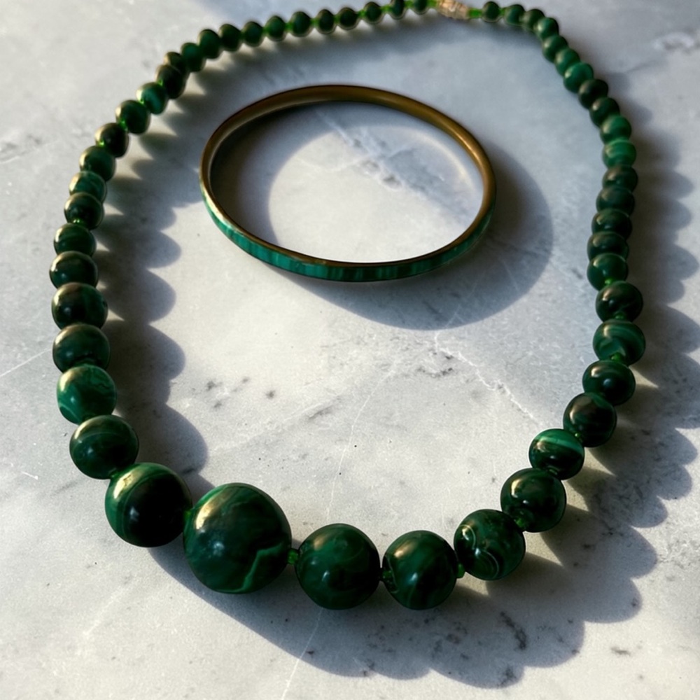 Vintage Graduated Malachite Beaded Necklace with Malachite Inlaid Bracelet